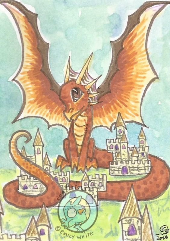 "Castle Guard" cartoon dragon art (c) Emily White 2019 zombietoes.com