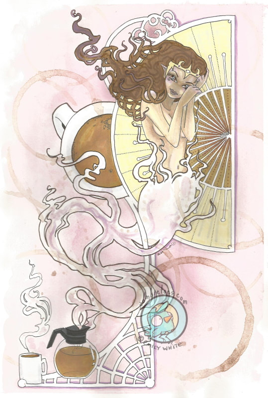 "Coffee Genie" Fantasy Art Nouveau (c) Emily White 2020  zombietoes.com