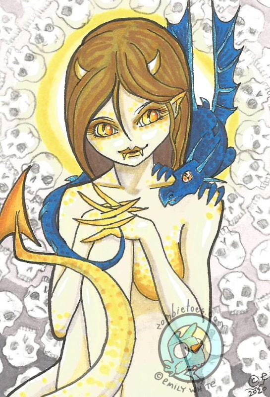 "The Demon Pair" cartoon fantasy art (c) Emily White 2020  zombietoes.com
